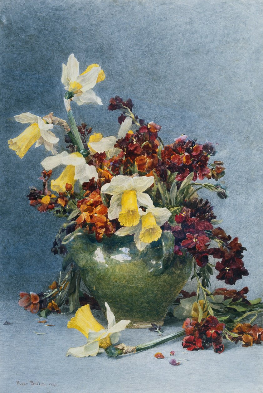 Narcisos e Wallflowers em um vaso verde, 1890 de Rose Maynard Barton