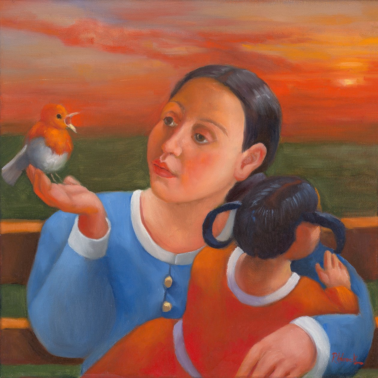 Um pôr do sol juntos, 2022 (óleo sobre tela) de Rosemarie Adcock