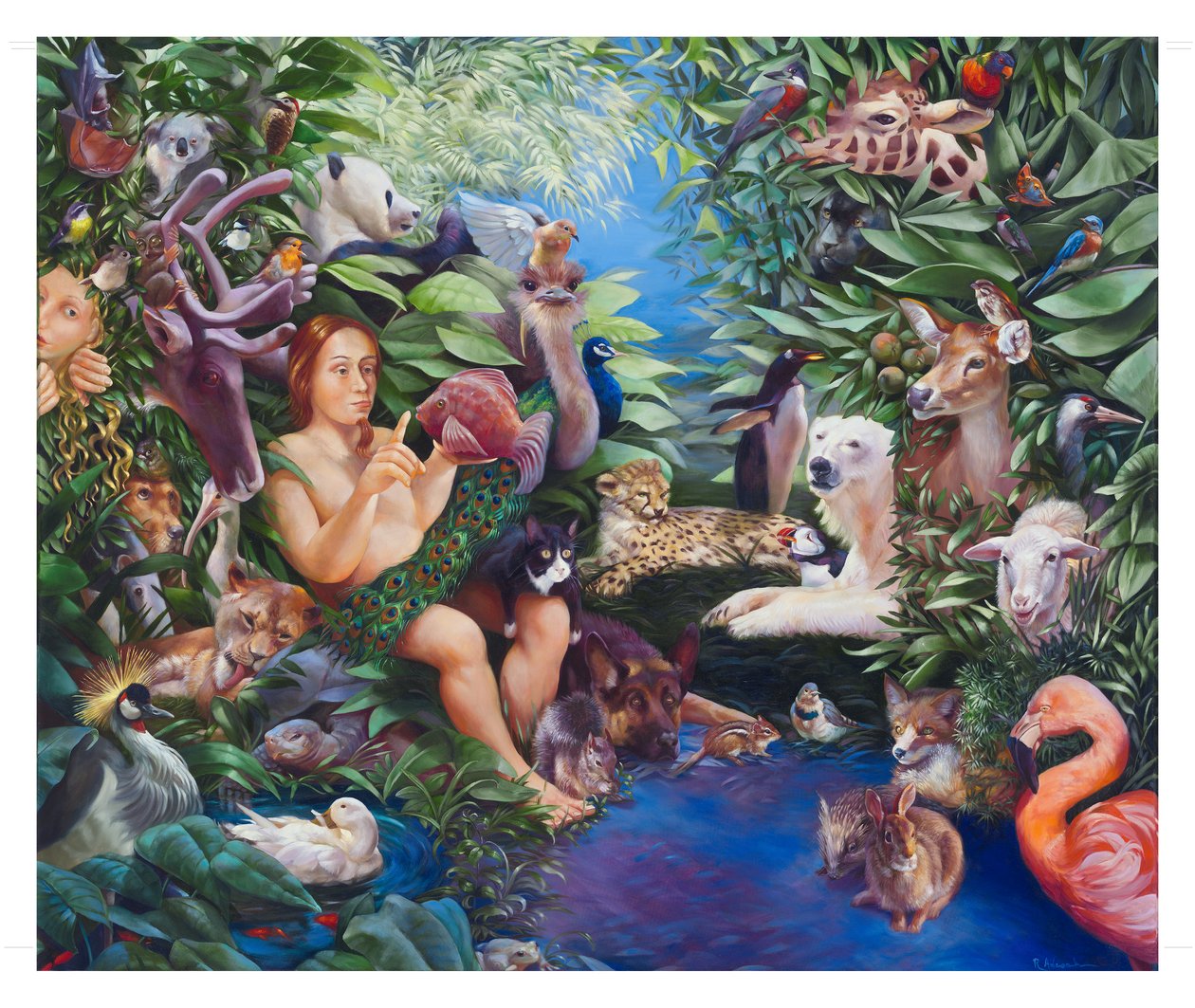 Adão nomeando os animais e o aparecimento de Eva, 2011 (óleo sobre tela) de Rosemarie Adcock