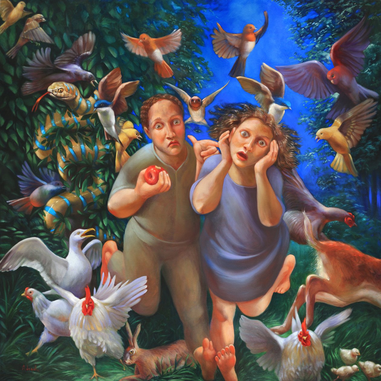 A expulsão do Jardim do Éden, 2020 (óleo sobre tela) de Rosemarie Adcock