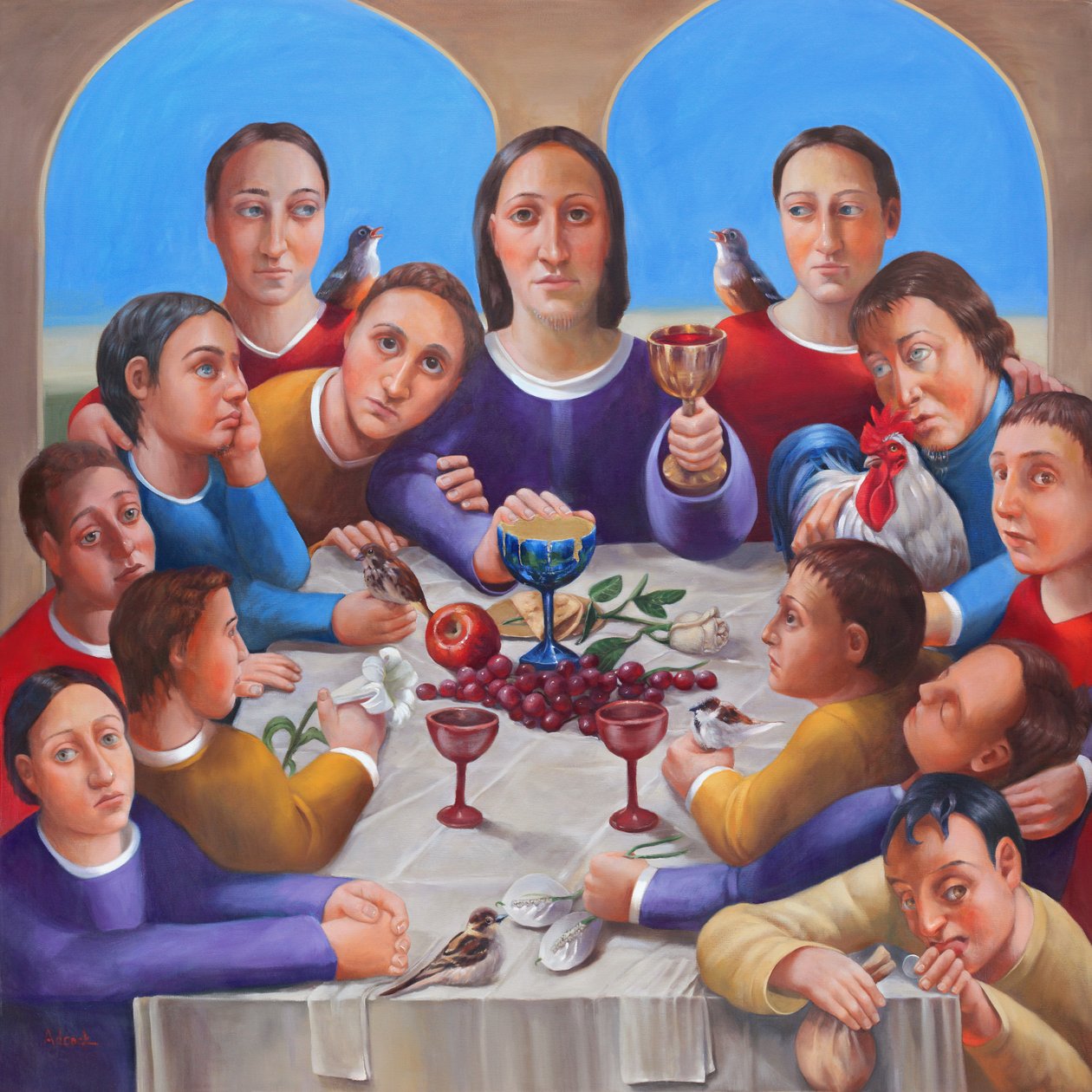 A Última Ceia, 2018 (óleo e folha de ouro sobre tela) de Rosemarie Adcock
