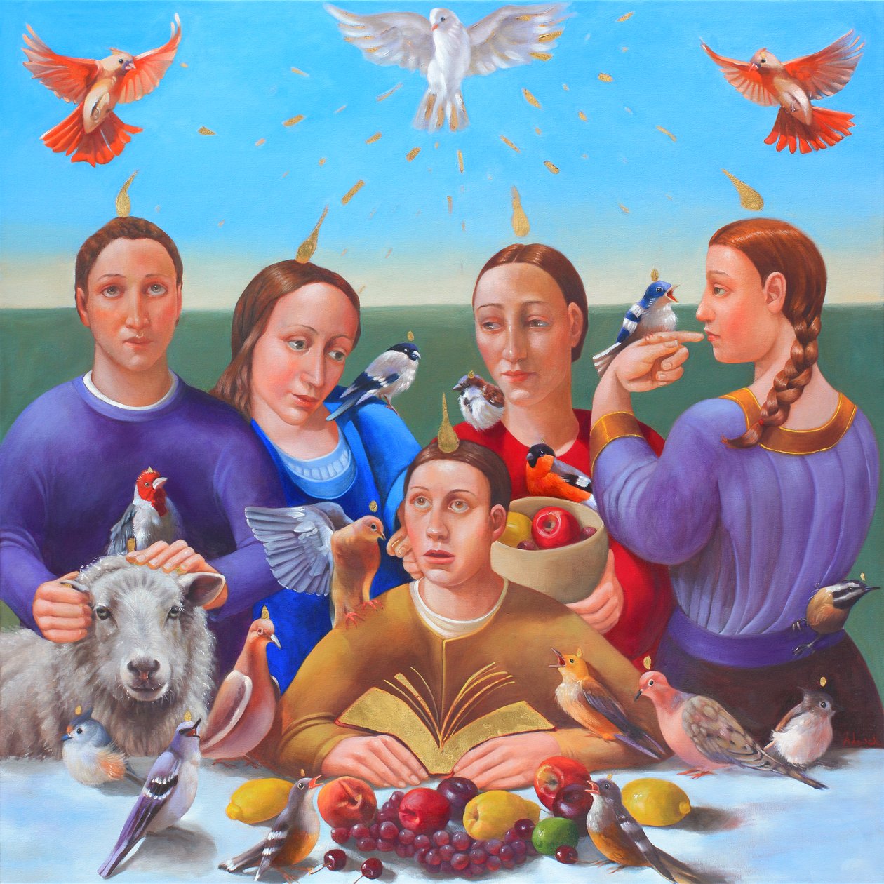 O Pentecostes, 2018 (óleo e folha de ouro sobre tela) de Rosemarie Adcock