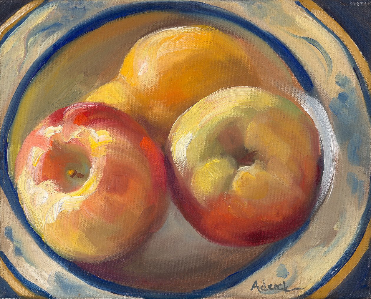 Pera amarela e maçãs, 2017 (óleo sobre tela) de Rosemarie Adcock