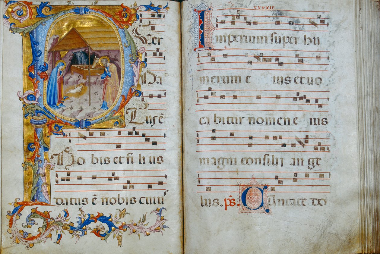 Livro coral "D", exibido na Catedral de Santo Stefano: uma inicial histórica representando a Natividade, c.1429-35 de Rossello di Jacopo Franchi