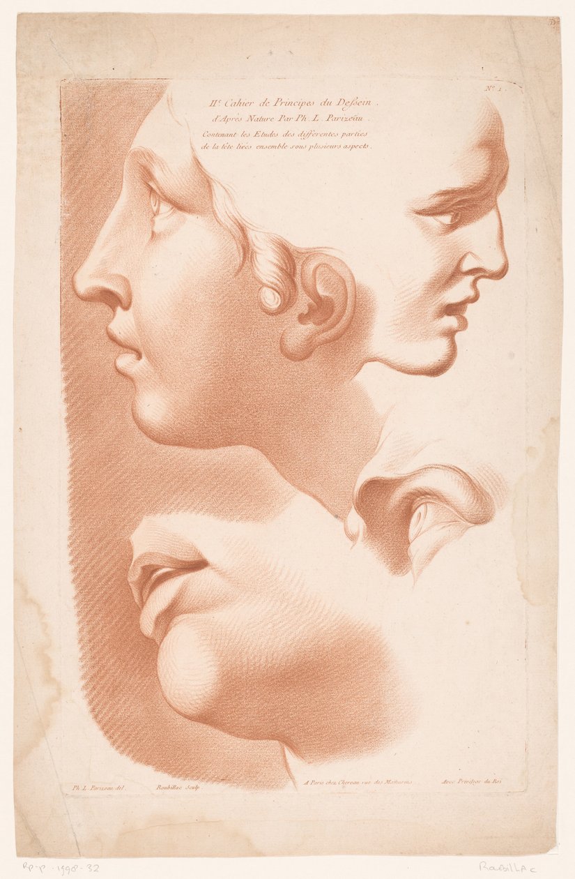 Impressão do título com dois rostos, boca e olhos femininos Princípios de desenho da natureza, parte dois (título da série) IIe Cahier de Principes du Design d