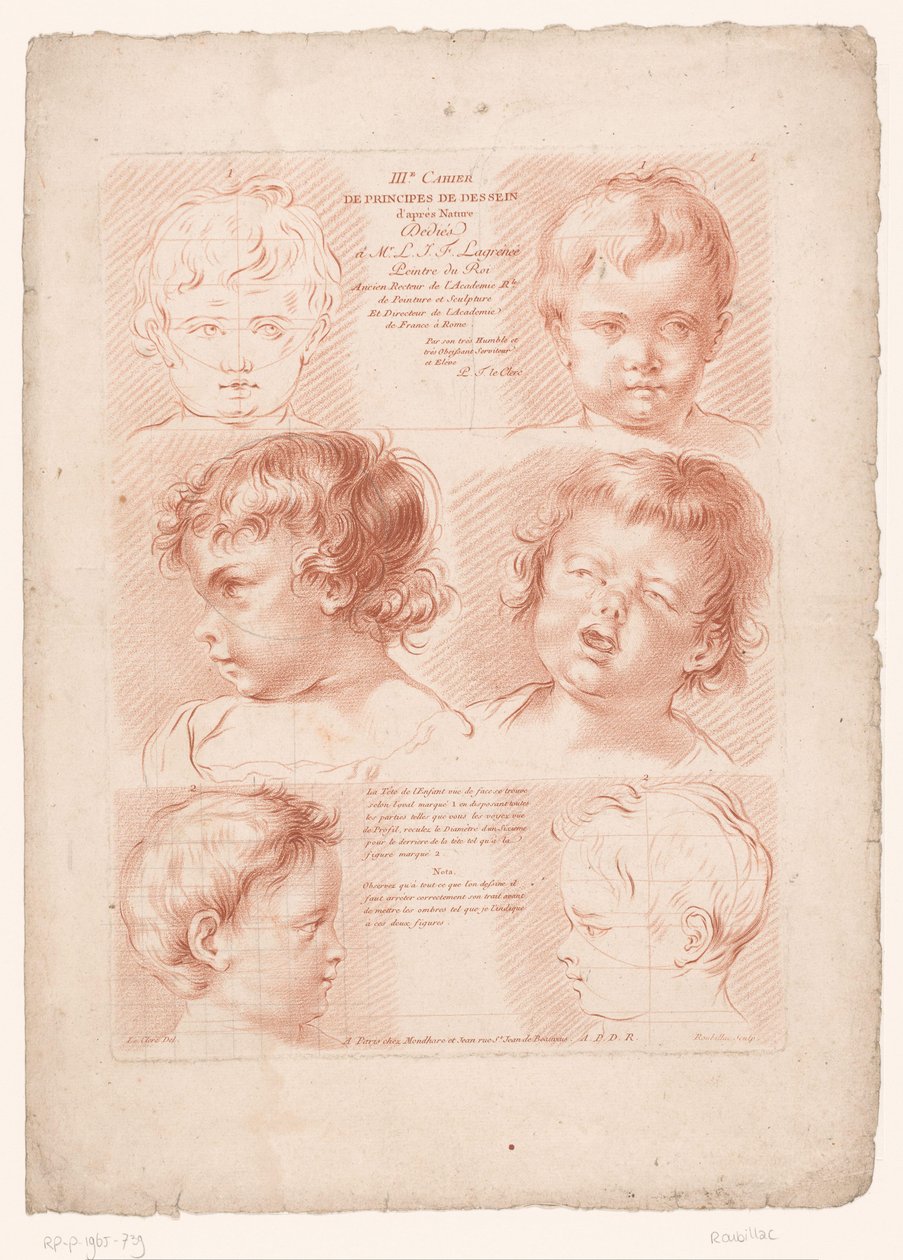 Impressão do título com seis cabeças de crianças, duas delas em vista esquemática
Princípios de desenho da natureza, parte três (título da série)
IIIrd Cahier de Principes du Dessin d
