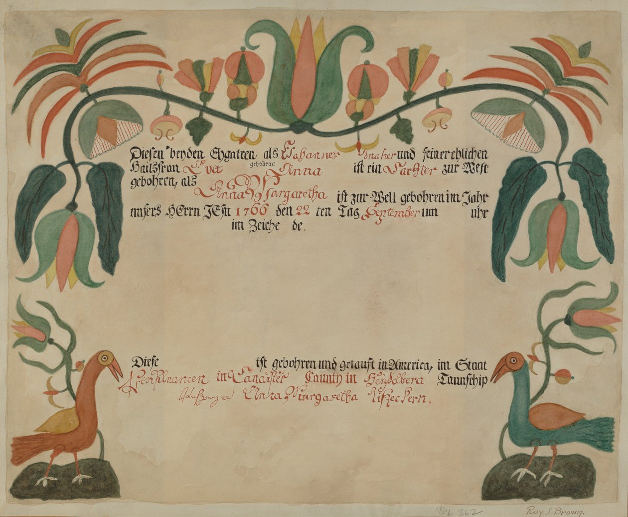 Pa. Certidão de Nascimento e Batismo Alemã de Roy S. Brown