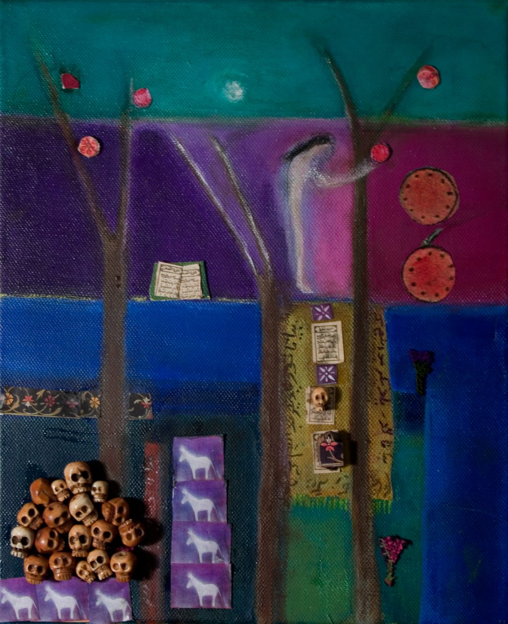 Eva e Romã, 2011 (óleo e colagem sobre tela) de Roya Salari