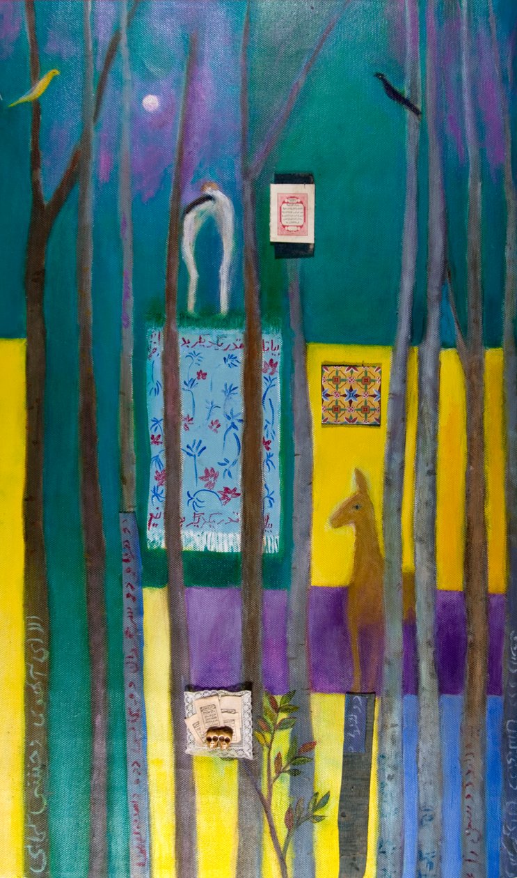 A queda de Adão e Eva, 2011 (óleo e colagem sobre tela) de Roya Salari