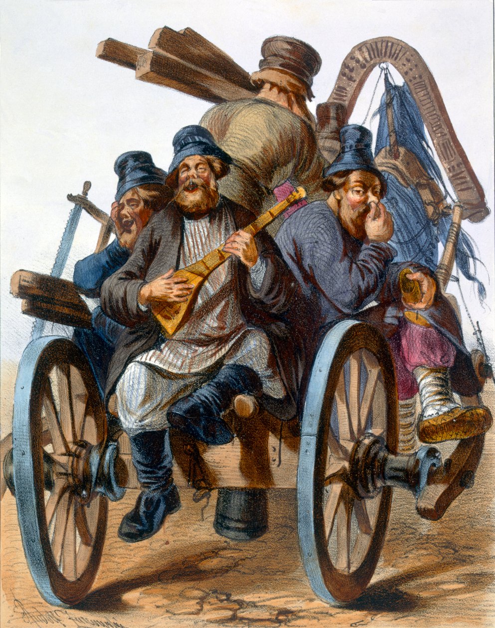 Grupo de homens camponeses bêbados cantando como eles vão para casa em um carrinho, 1843 de Rudolf Jukowsky