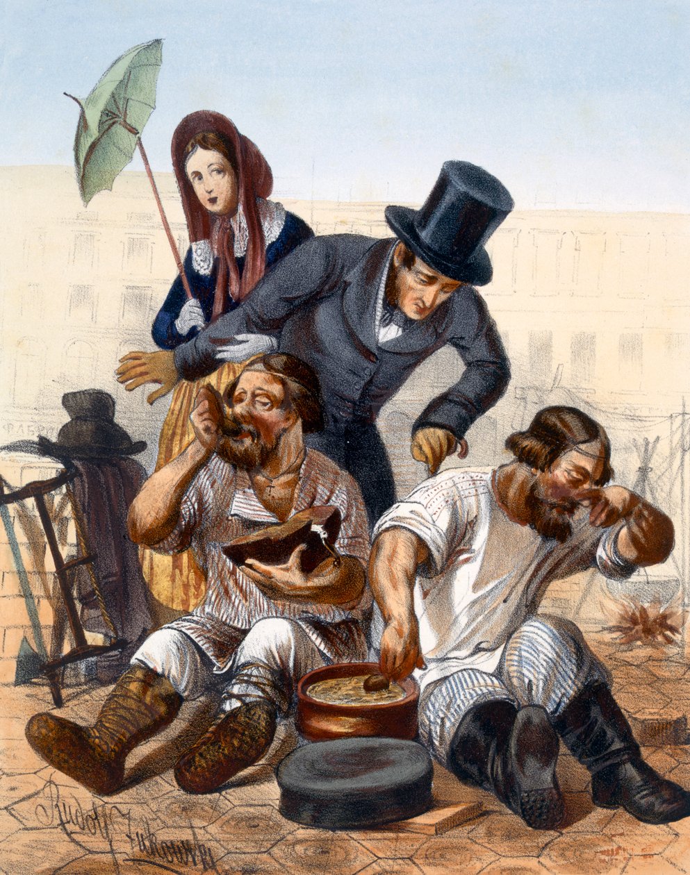 Casal rico fala com um par de carpinteiros bêbados cozinhando e comendo na rua, 1843 de Rudolf Jukowsky