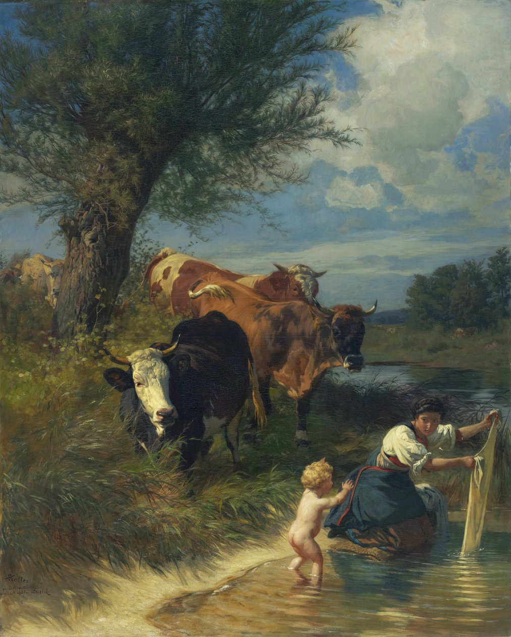 Vacas e lavadeira no riacho de Rudolf Koller
