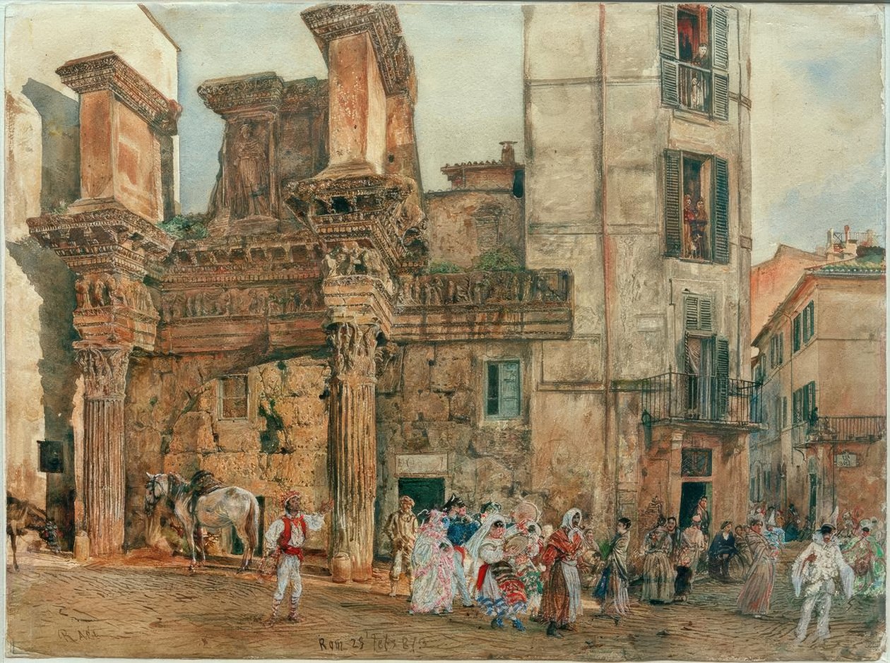 O pórtico falso do Nervaforum em Roma com cena de carnaval de Rudolf von Alt