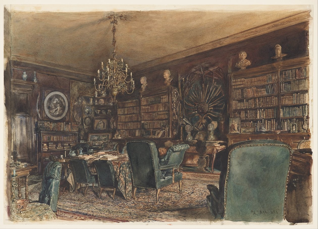 A biblioteca no apartamento do conde Lanckoronski em Viena, Riemergasse 8 de Rudolf von Alt