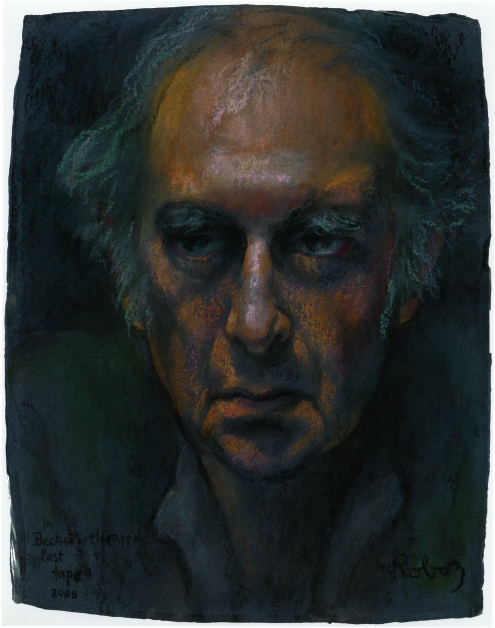 Harold Pinter no monólogo de um ato de Samuel Beckett interpreta o último retrato de Krapp&39;s Tape de Zsuzsi Roboz em pastéis c de Rudolf Eichstaedt