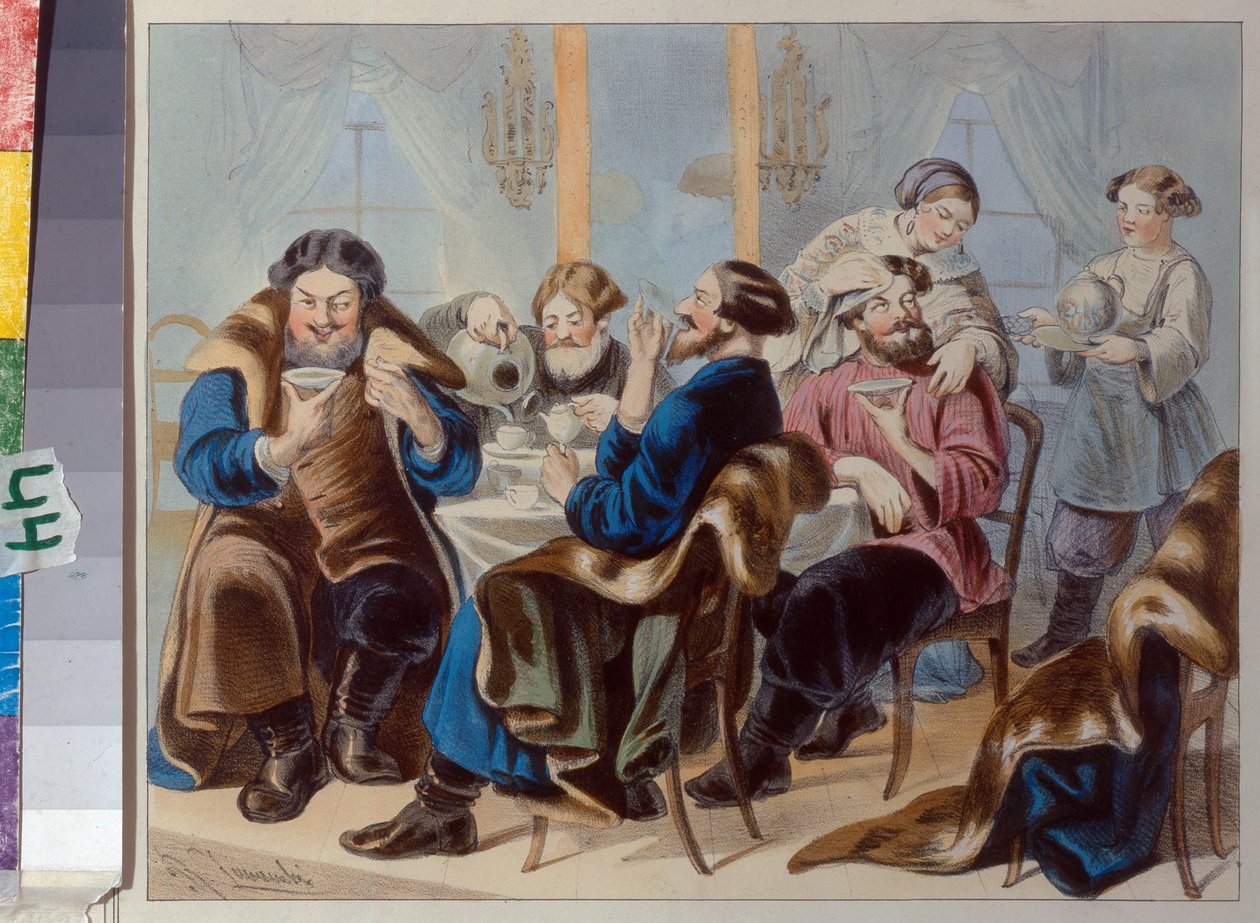 Chá e Açúcar. Beber chá em uma taverna par Zhukovsky, Rudolf Kasimirovich (1814-1886), primeiro trimestre do séc. - Litografia, aquarela - Museu de História do Estado, Moscou de Rudolf Kasimirovich Zhukovsky