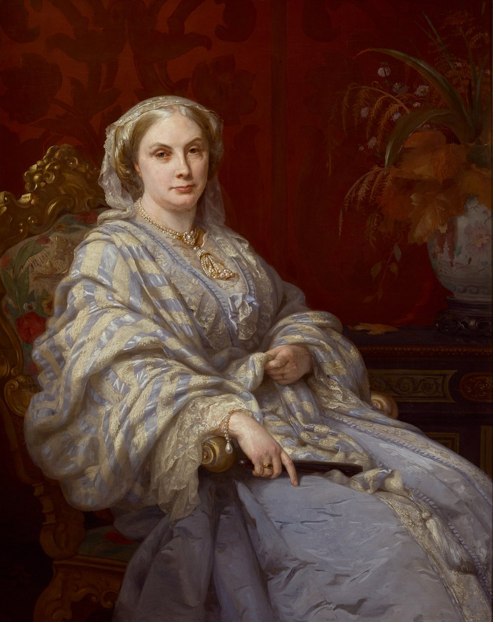 Retrato de Louisa, esposa de Algernon, 6º Duque de Northumberland, três quartos de comprimento, usando um vestido azul e xale listrado de azul e branco de Rudolf Lehmann
