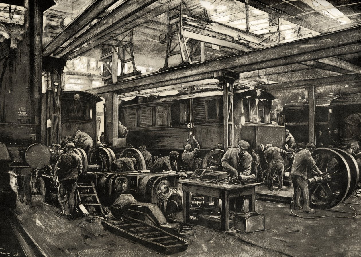 Caminhos-de-ferro alemães - Oficina de reparação de locomotivas eléctricas do Reichsbahn em Munique. 1935 (impressão) de Rudolf Lipus