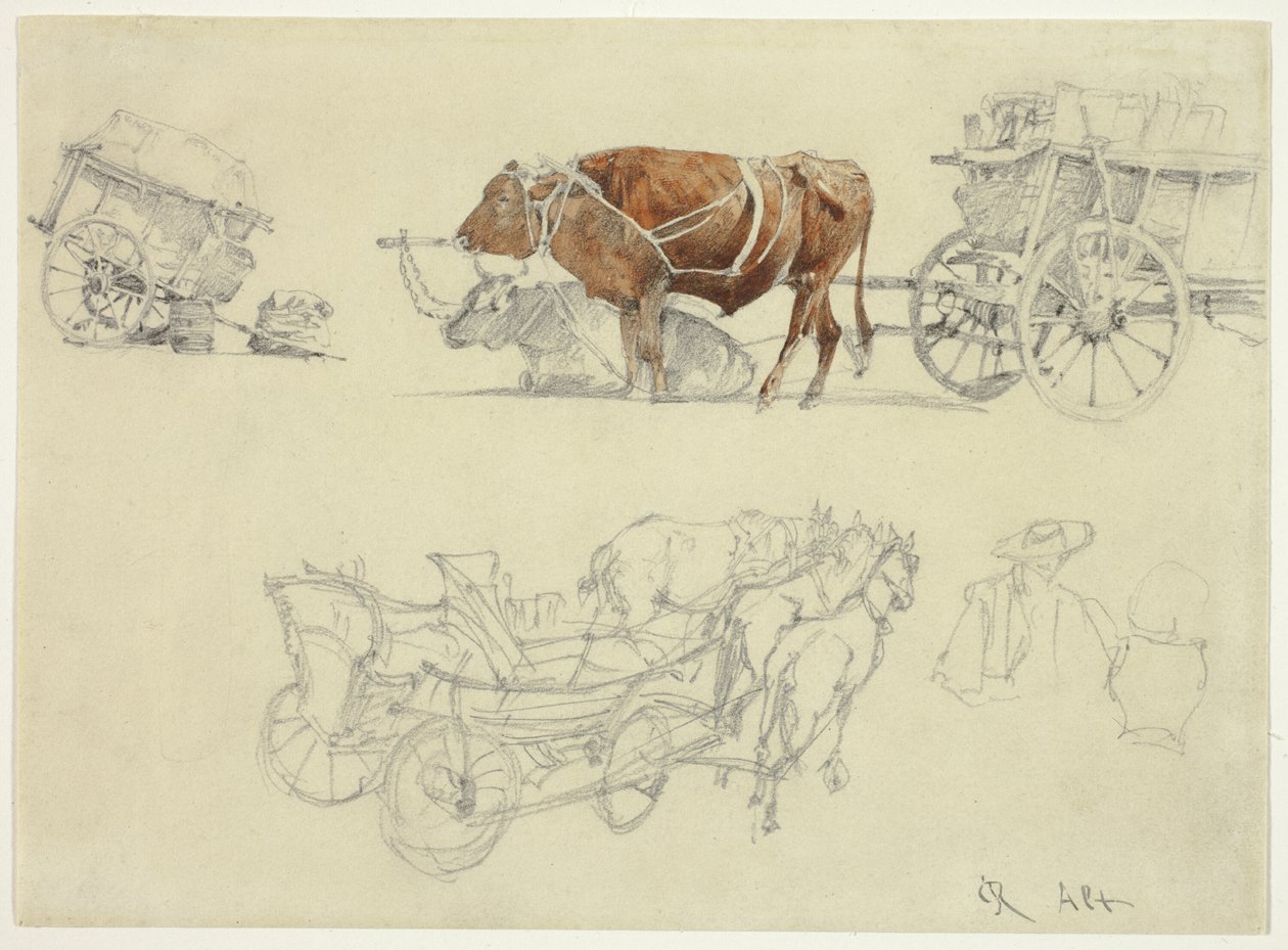 Estudos sobre as carroças dos camponeses eslovacos com bois e cavalos de Rudolf von Alt