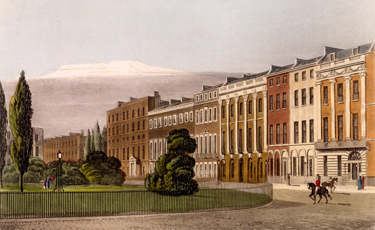 Vista da Portman Square, lado norte, 1816 (gravura e aquatint) de Rudolph Ackermann