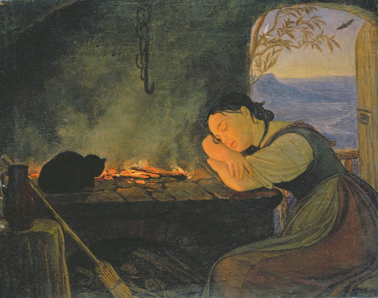 Menina dormindo perto do fogo, 1843 de Rudolph Friedrich Wasmann