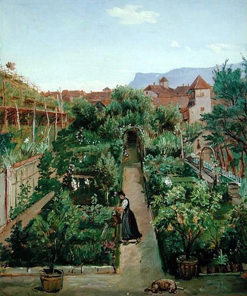 O jardim de flores Ottmannsgutes em Merano, c.1840 (óleo sobre papel em papelão) de Rudolph Friedrich Wasmann