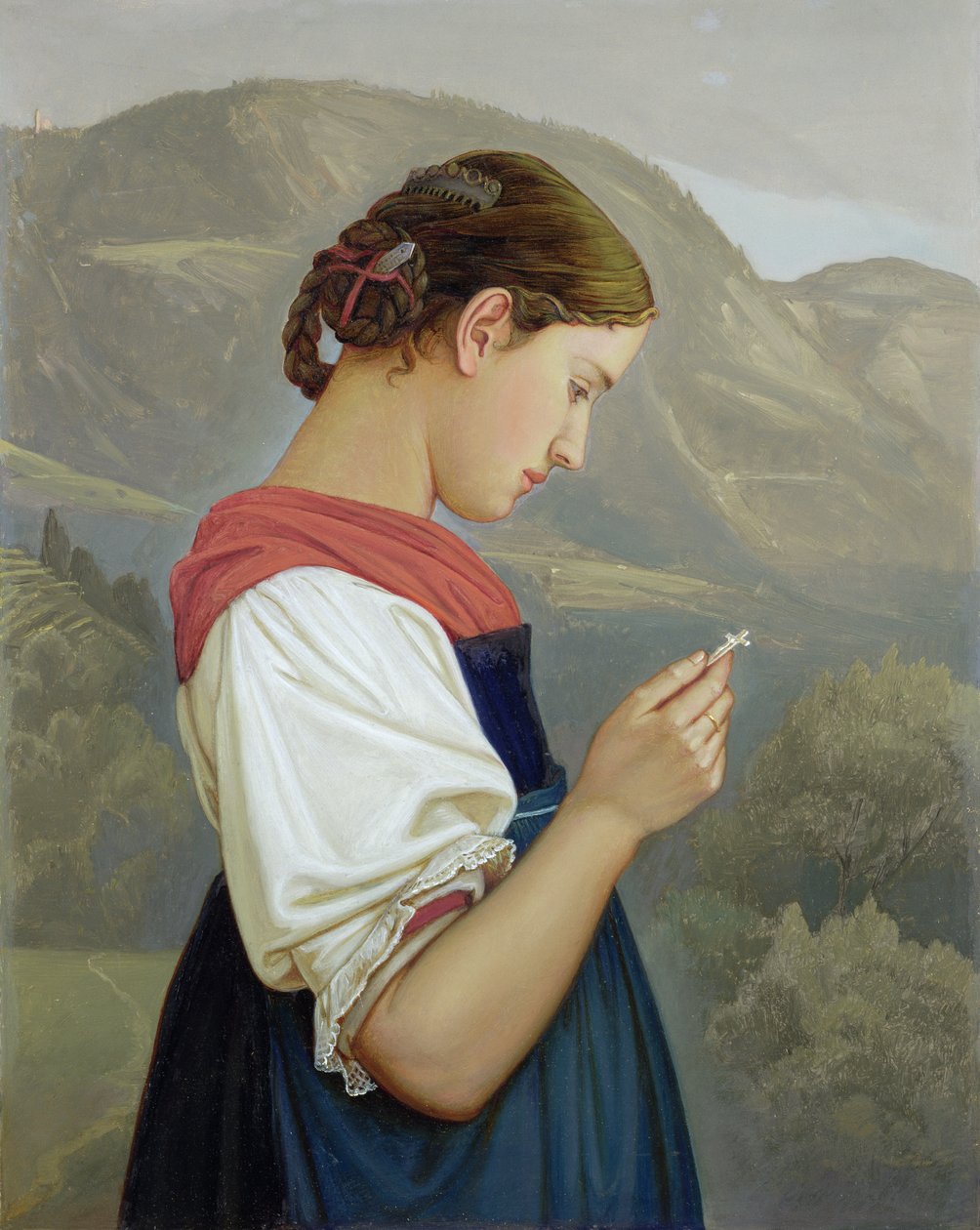 Menina tirolesa contemplando um crucifixo, 1865 (óleo sobre papel) de Rudolph Friedrich Wasmann