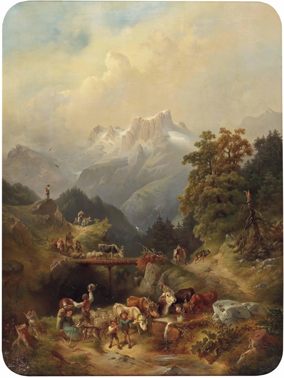 Almabtrieb festivo nas montanhas altas. de Rudolf Swoboda der Ältere