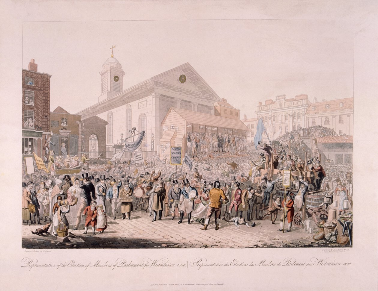 Eleição em Covent Garden, Londres, 1818. de Rudolph Ackermann