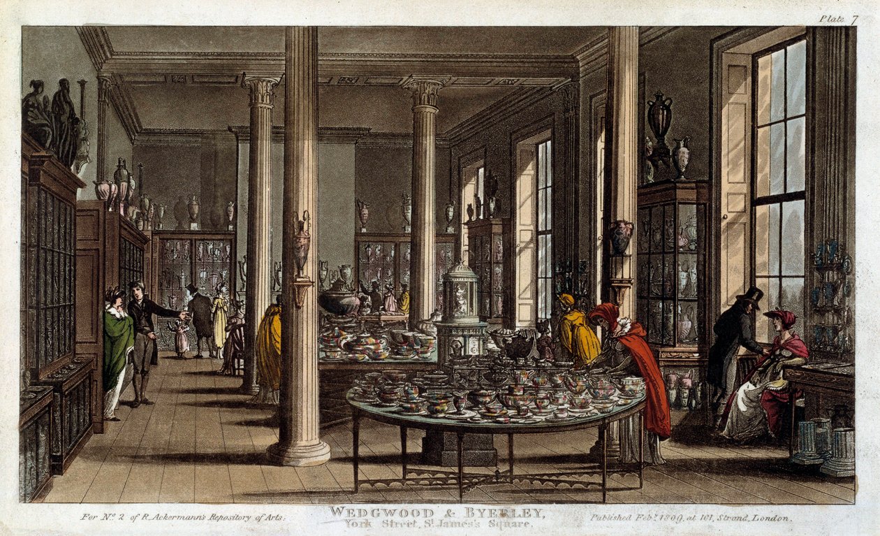 Vista interior de uma loja de porcelana Wedgwood em Londres Litografia de R. Ackermann de Rudolph Ackermann