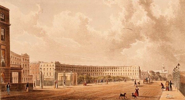 The Crescent, Portland Place, aquatint publicado em 1822 de Rudolph Ackermann