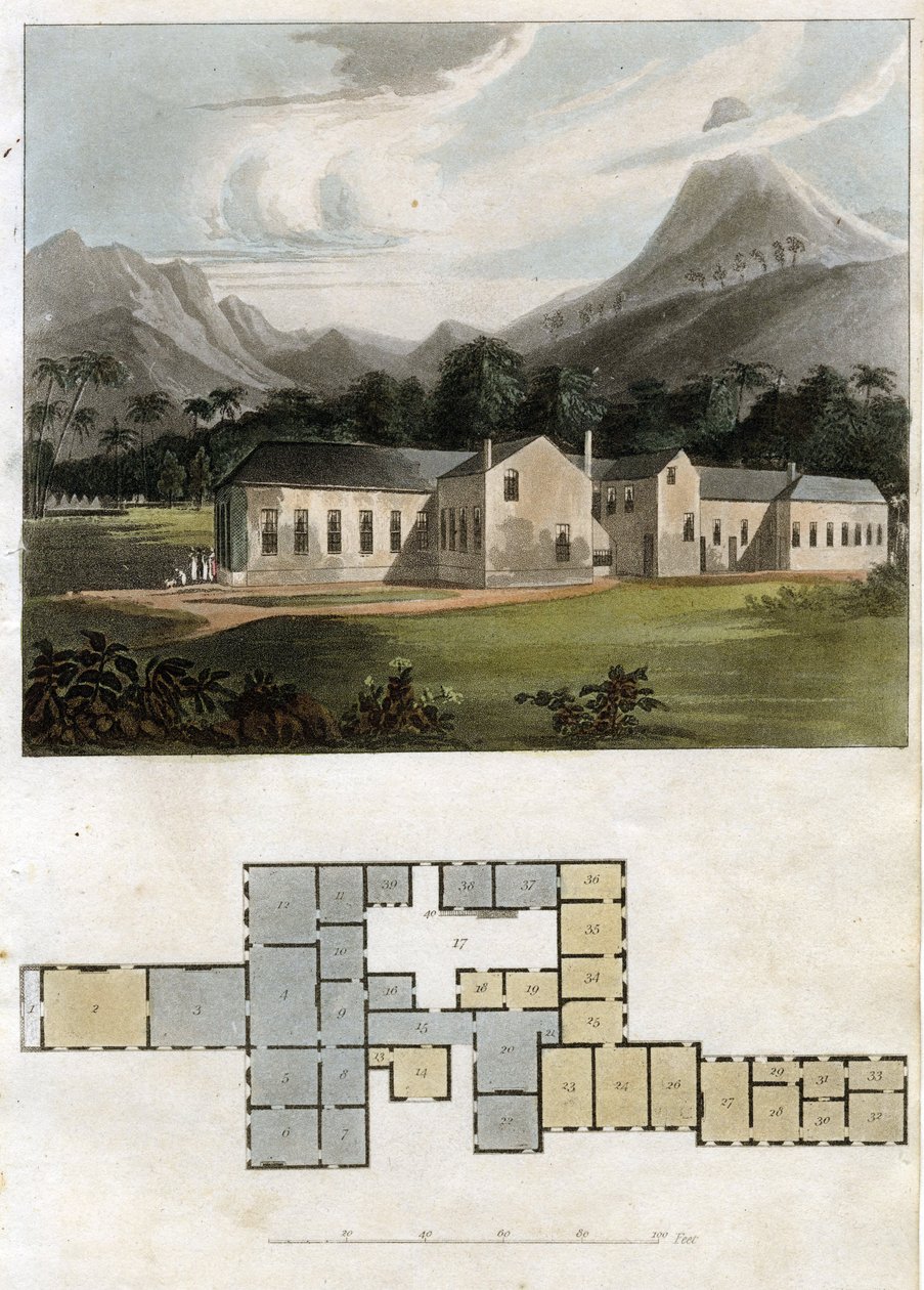 Vista e Plano da Casa de Longwood, Santa Helena: a Residência de Napoleão Bonaparte de Rudolph Ackermann