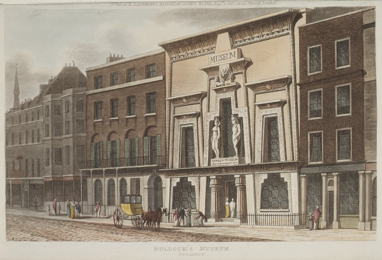 Vista do Museu Bullocks, mais conhecido como Egyptian Hall, em Piccadilly, 1815 (aquatint) de Rudolph Ackermann
