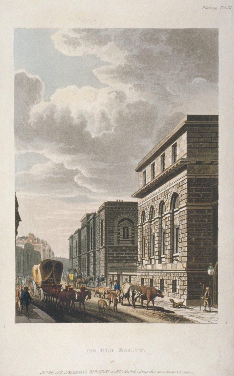 Vista de Old Bailey, olhando para o norte, cidade de Londres, 1814 de Rudolph Ackermann