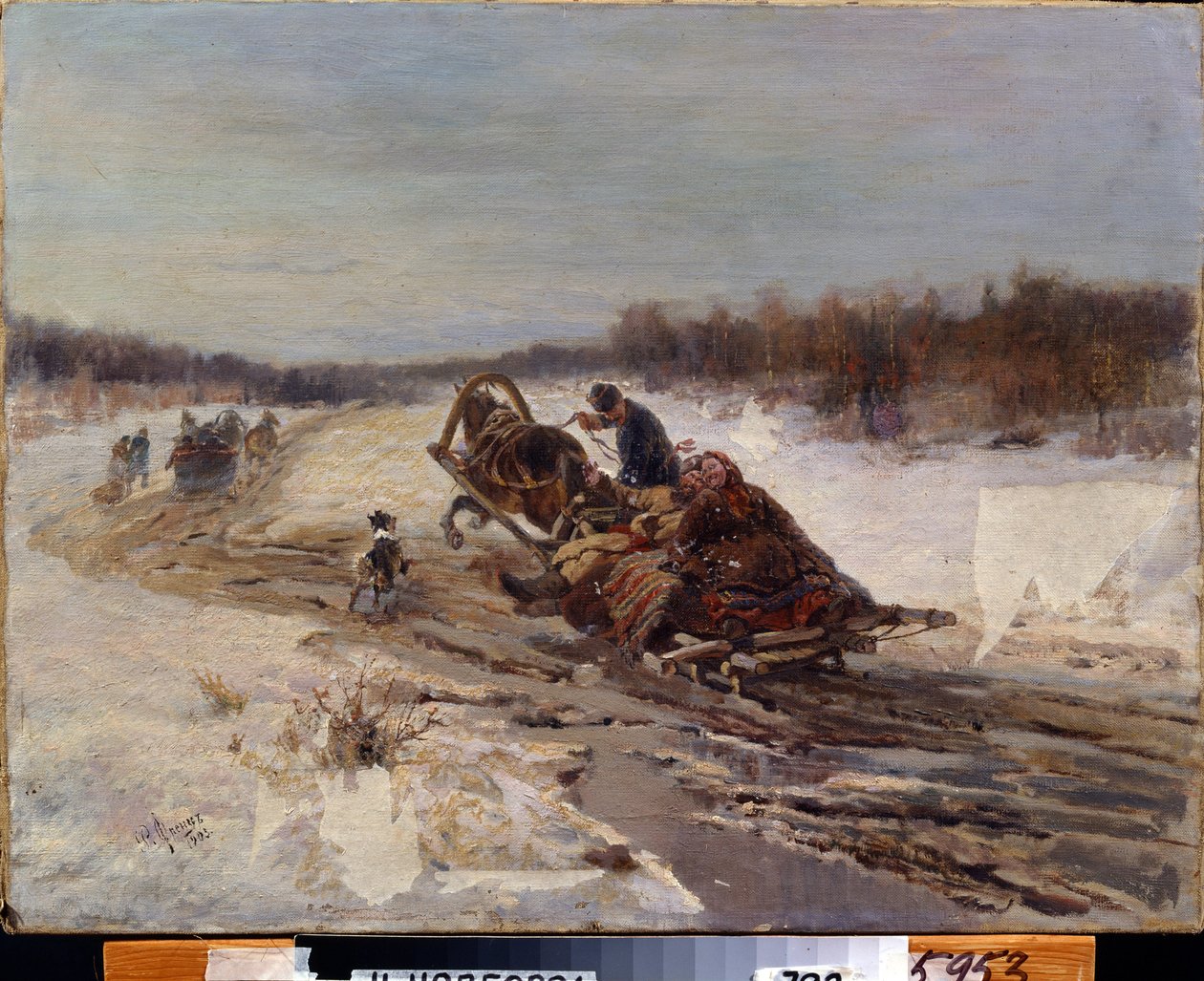 Gavetide. Um homem e uma mulher a cantar e a sorrir num trenó. Estão a celebrar o período antes do início do Natal, quando as pessoas comem alimentos gordurosos. Pintura de Rudolf Ferdinandovich Frenz (1831-1918), óleo sobre tela de Rudolph Frenz