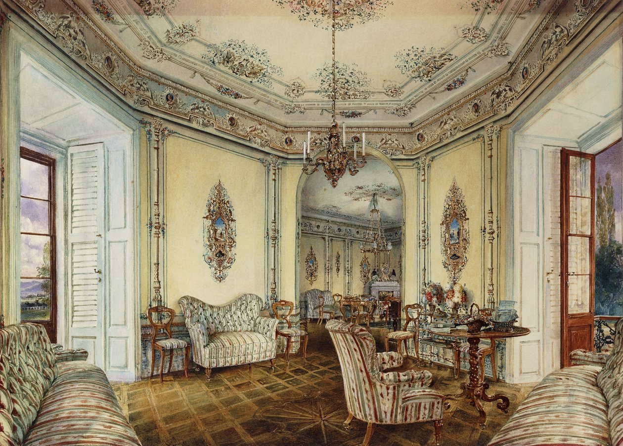 Vista interior do salão de um castelo em Obertwaltersdorf; Interior de um salão do castelo Obertwaltersdorf, de Rudolf von Alt