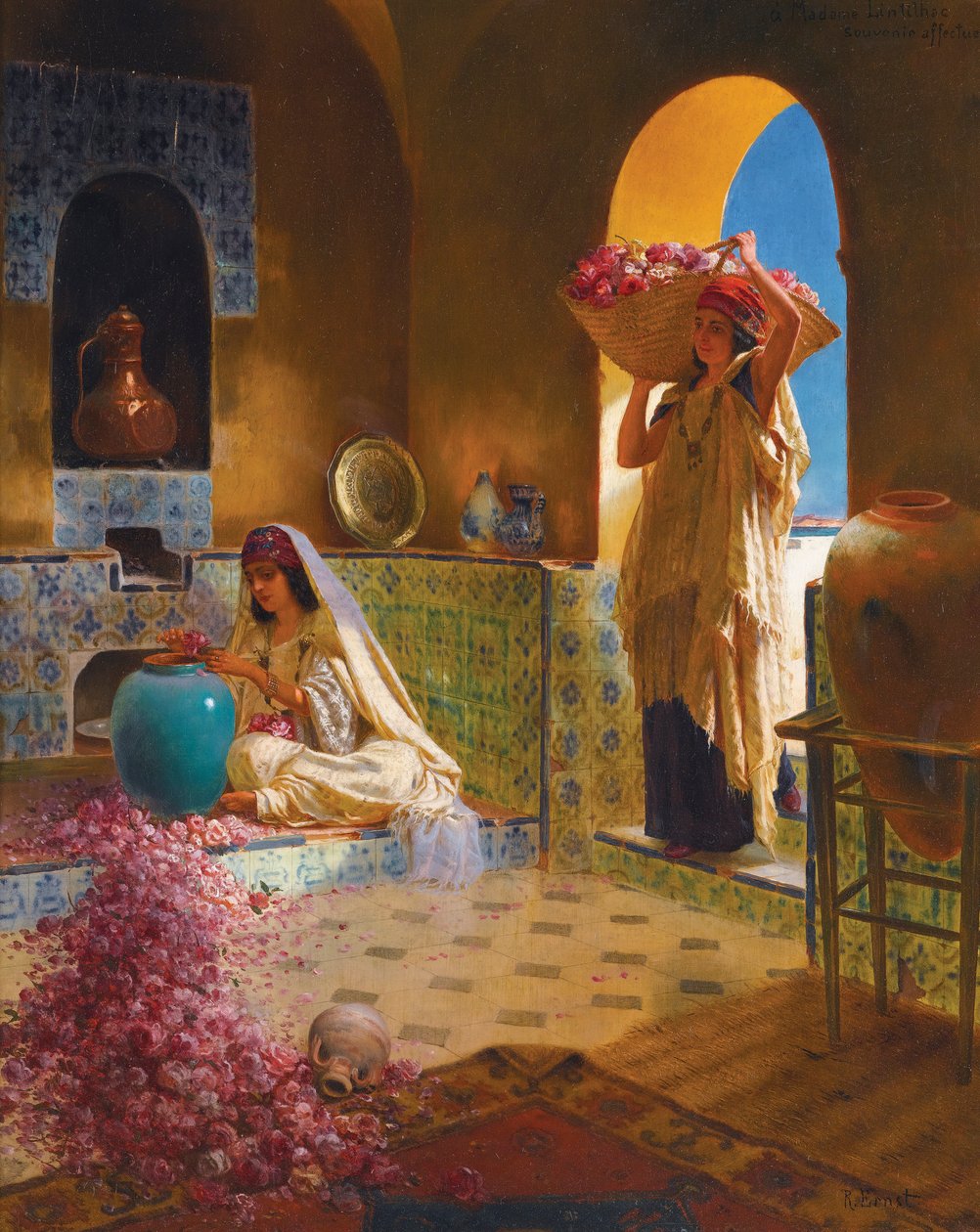 Les parfumeuses - Os fabricantes de perfume - Rudolf Ernst (1854-1932). Óleo sobre madeira Dimensão : 55,5x45 cm Colecção Privada de Rudolphe Ernst