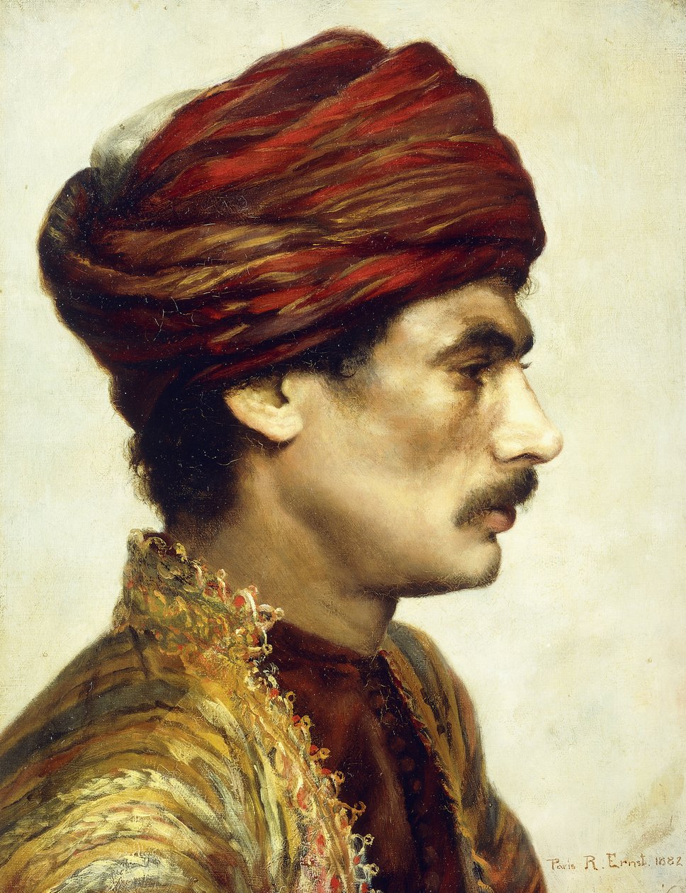 Retrato do perfil de um homem em um turbante vermelho, 1882 de Rudolphe Ernst