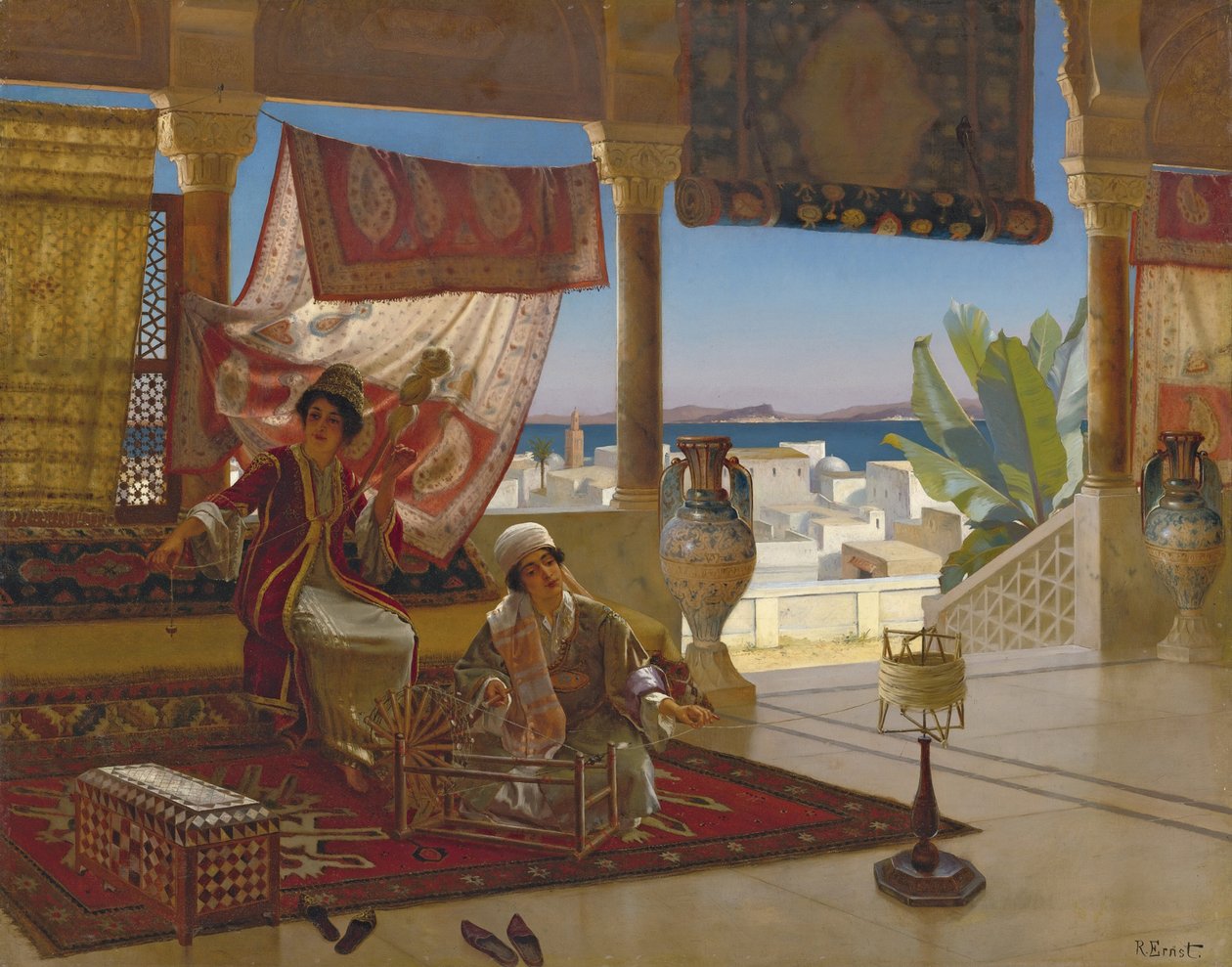 The Wool Spinners (Les fileuses de laine) par Ernst, Rudolf (1854-1932). Óleo sobre madeira, tamanho : 79,5x100, , Colecção Privada de Rudolphe Ernst