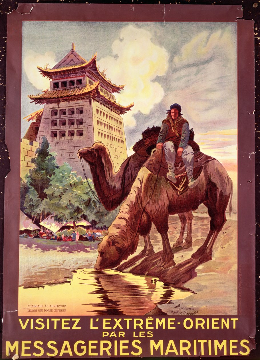 Camelos regando em frente aos portões de Pekin, cartaz publicitário &39;Messageries Maritimes&39;, c.1920 (cor lito) de Ruedolf
