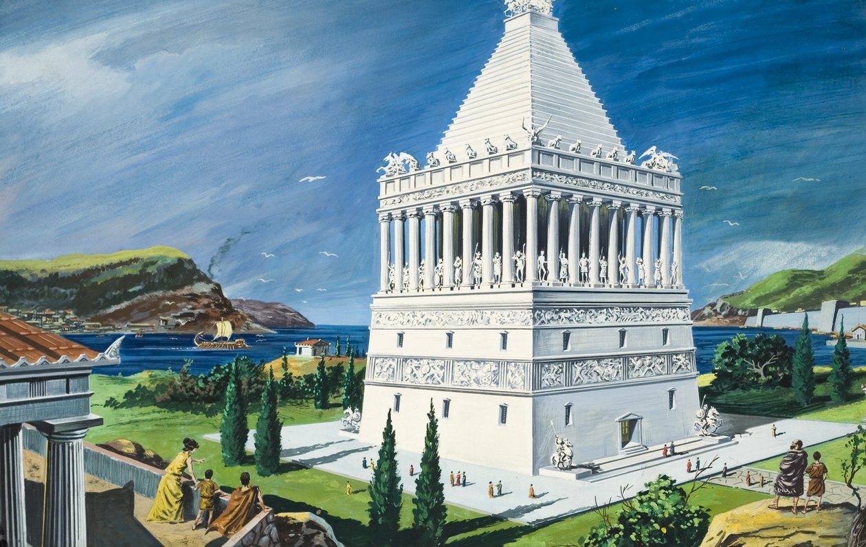 O Mausoléu de Halicarnasso, concluído em 353 a.C. (guache sobre papel) de Ruggero Giovannini