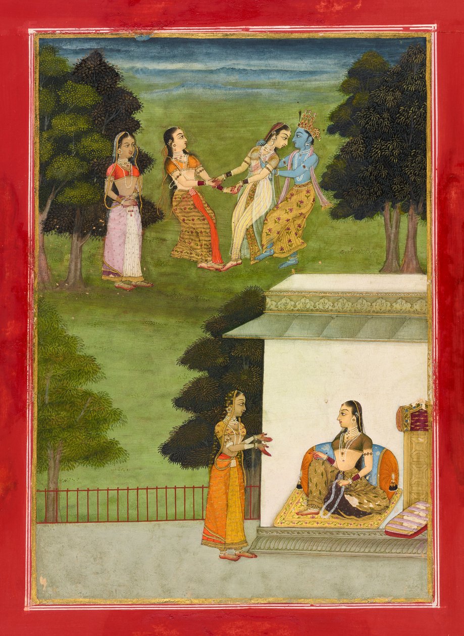 Krishna brincando com as <em>gopis</em>, fólio de uma <em>Rasikpriya</em> de Ruknuddin