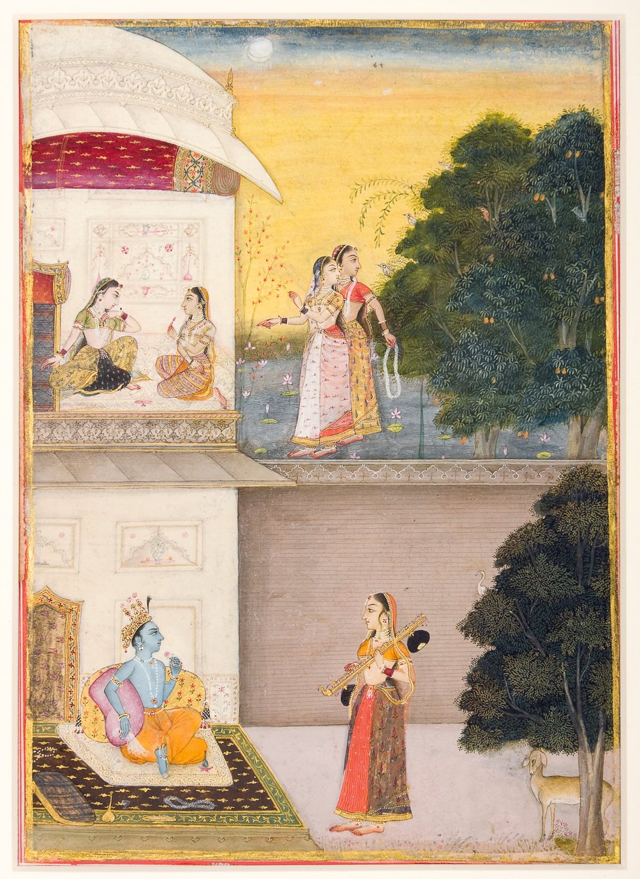 Radha chega a Krishna com sua vina, 1685 (wc opaco e ouro no papel) de Ruknudin of Bikaner