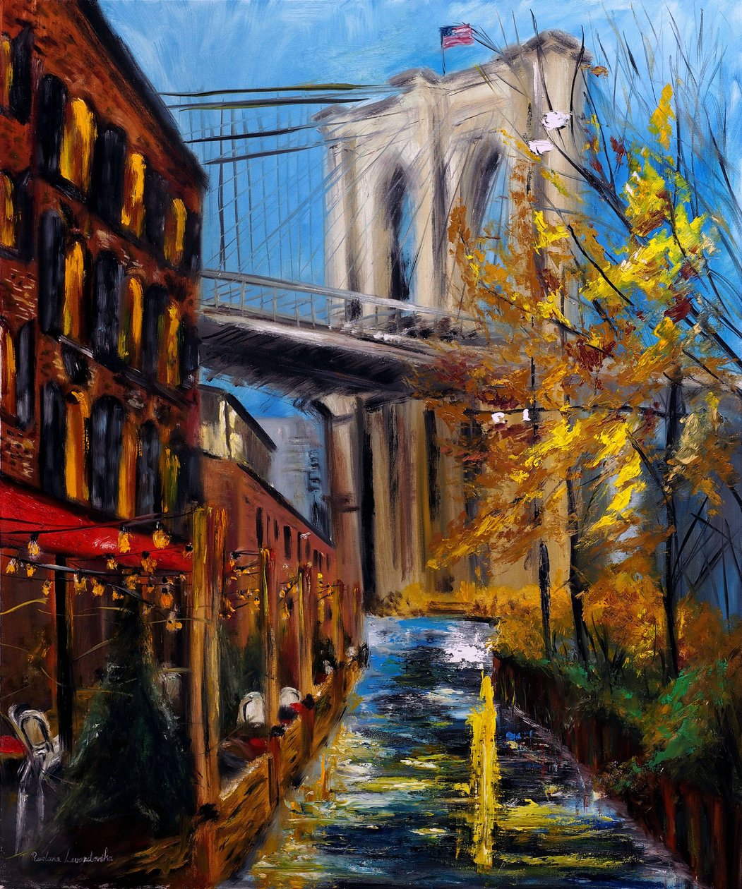 outono na ponte de Brooklyn em DUMBO, Nova Iorque, 2021 (óleo sobre tela) de Ruslana Levandovska