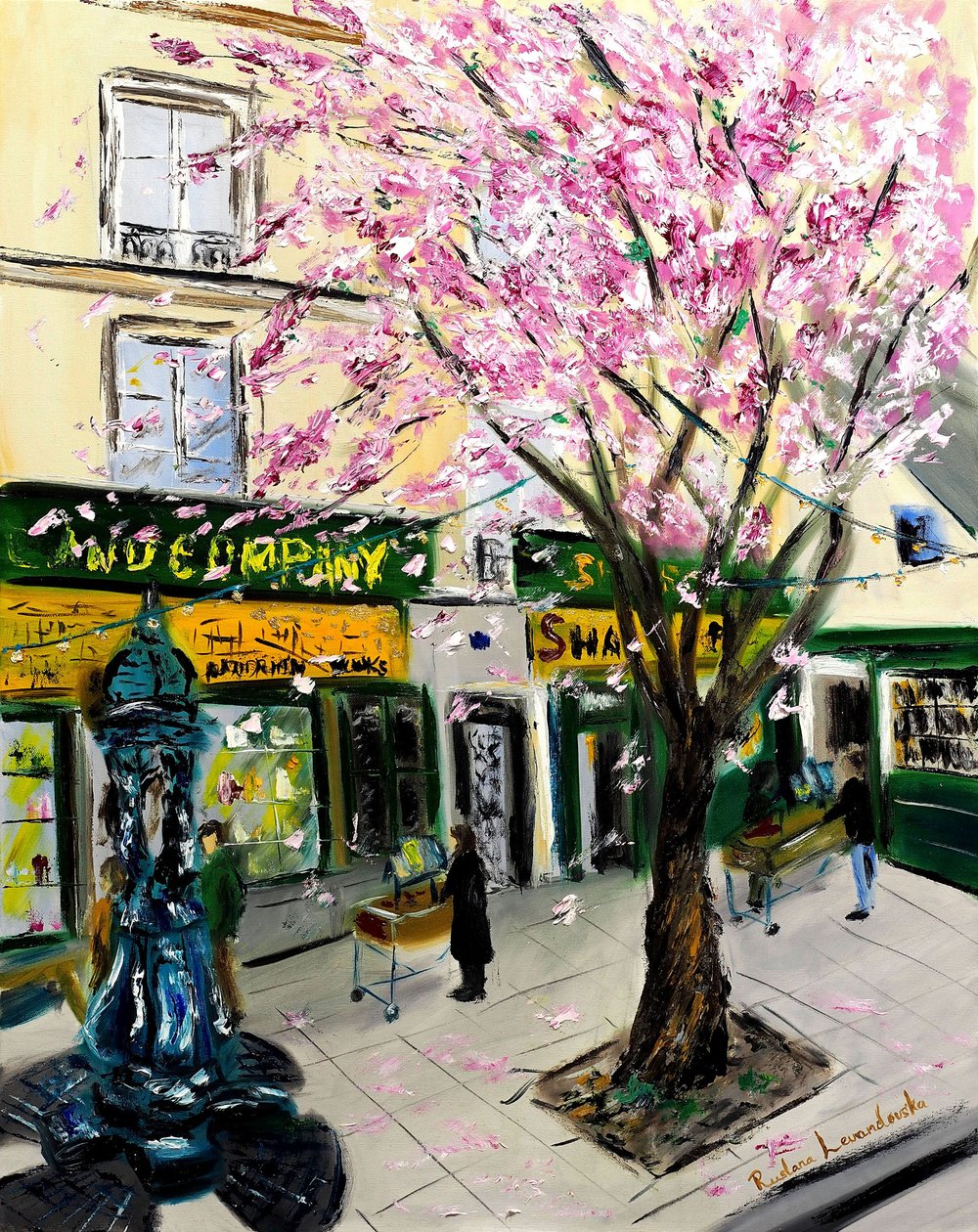 Cerejeiras em flor na Shakespeare and Co Paris - com adornos dourados, 2023 (óleo sobre tela) de Ruslana Levandovska
