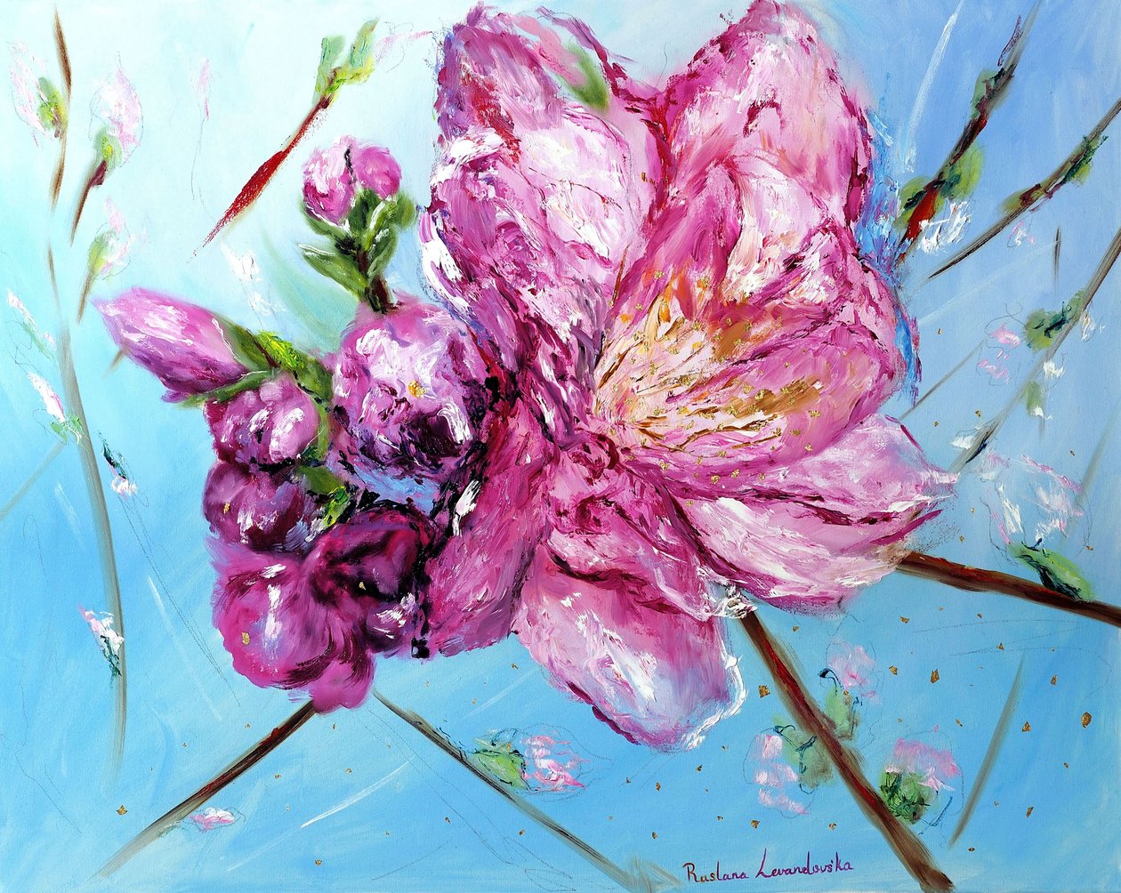 Flores de cerejeira cor-de-rosa, com adornos dourados, 2023 (óleo sobre tela) de Ruslana Levandovska