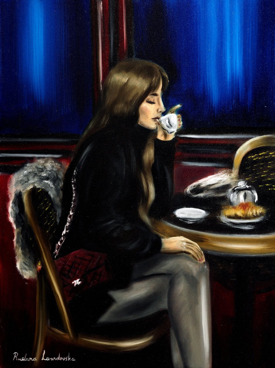 Mulher num café de Paris II, 2024 (óleo sobre tela) de Ruslana Levandovska