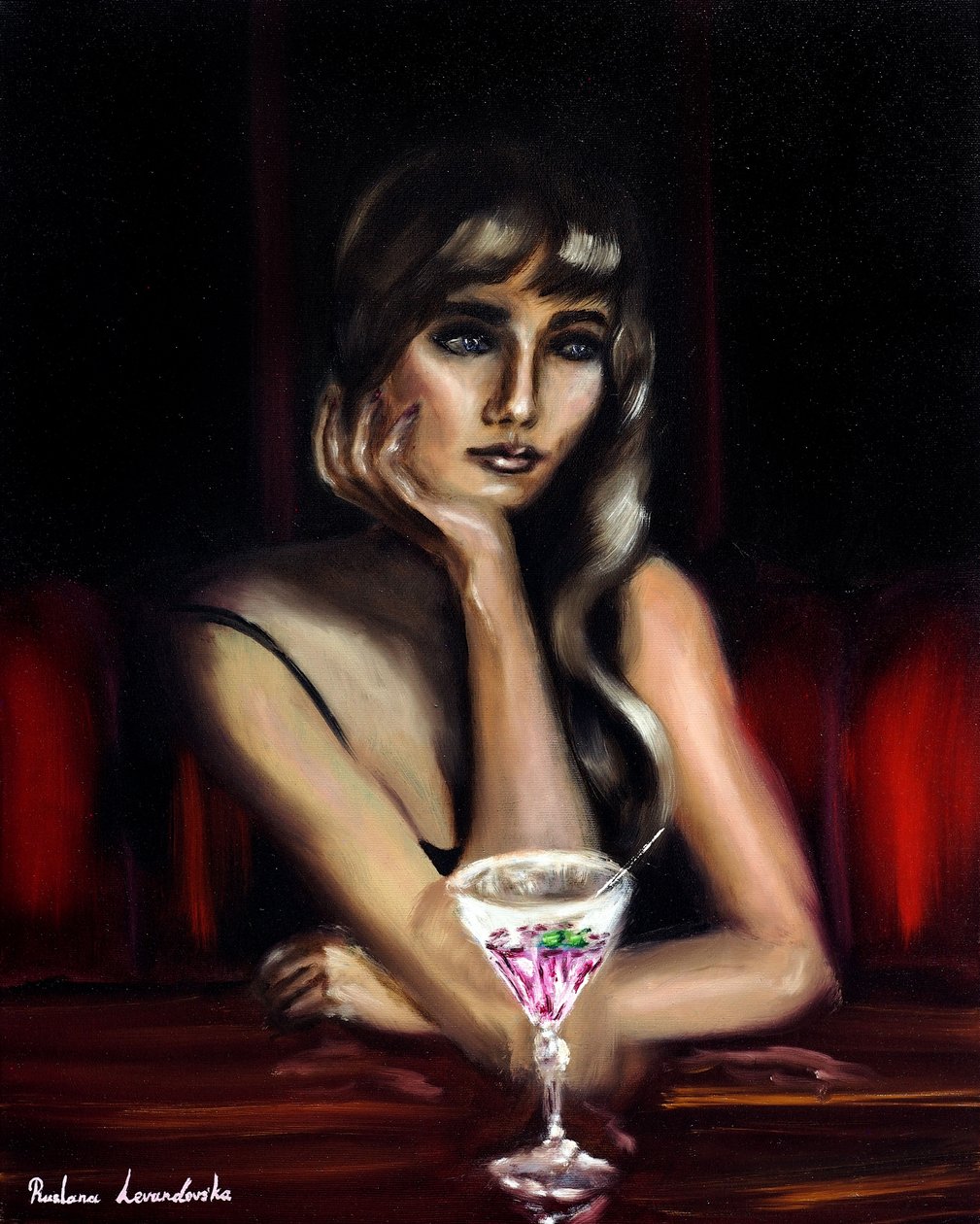 Mulher com um cocktail cor-de-rosa, 2024 (óleo sobre tela) de Ruslana Levandovska