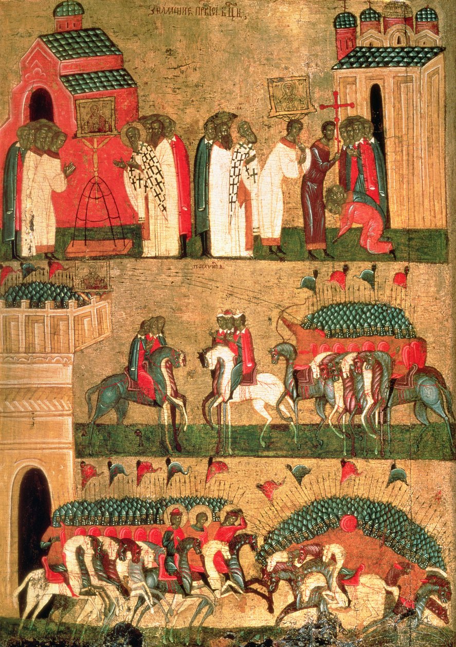 Batalha dos novgorodianos com os Suzdalians, Escola de Novgorod, meados do século XV (têmpera e ouro no painel) de Russian School