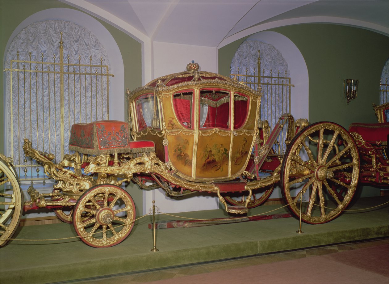 Carruagem de Berlim da Imperatriz Catarina II, madeira, gravada em bronze, entalhada e dourada no chão de gesso, painéis pintados, São Petersburgo, 1769 de Russian School